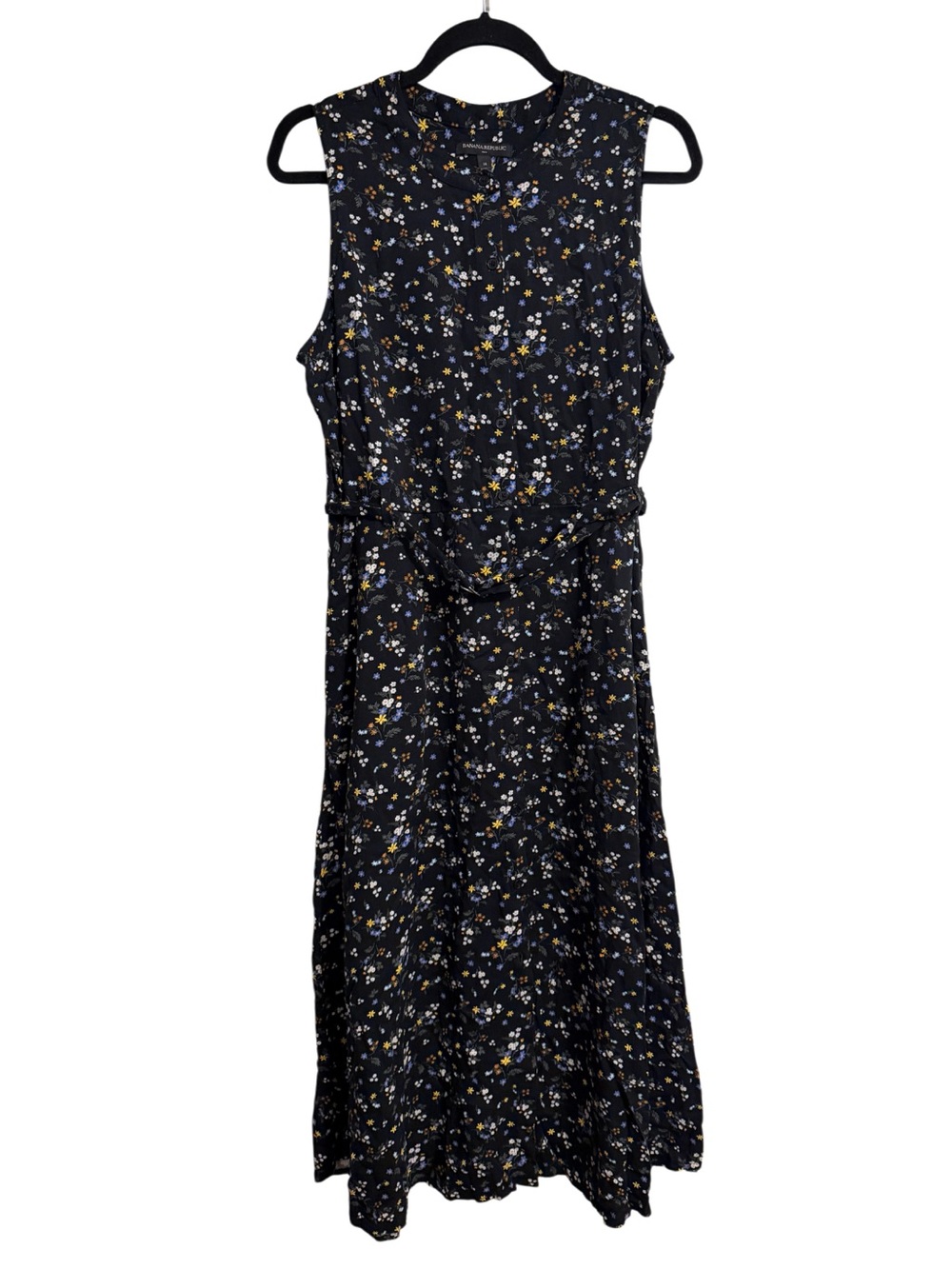 Banana Republic Black Sleeveless Floral Belted Waist Midi Dress
